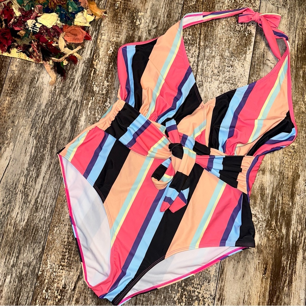 SHEIN Colorful striped halter one piece swimsuit belted plunge neck NWOT